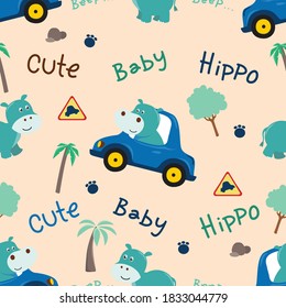 Vector seamless pattern with hippo driver. Creative vector childish background for fabric, textile, nursery wallpaper, poster, card, brochure. Vector illustration background. African safari.