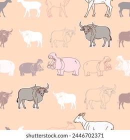 Vector seamless pattern with hippo Goral bull. Can be used for, wallpaper, pattern fills, web page background, surface textures