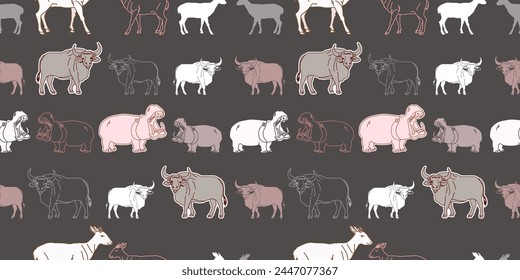 Vector seamless pattern with hippo Goral bull. Can be used for, wallpaper, pattern fills, web page background, surface textures 