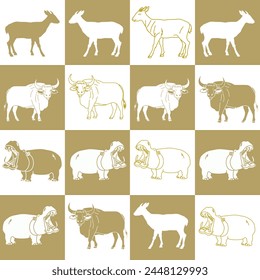 Vector seamless pattern with hippo Goral bull. Can be used for, wallpaper, pattern fills, web page background, surface textures