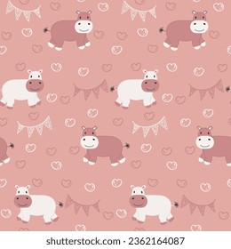 Vector seamless pattern with hippopotamus.Tropical jungle cartoon creatures.Pastel animals background.Cute natural pattern for fabric, childrens clothing,textiles,wrapping paper.