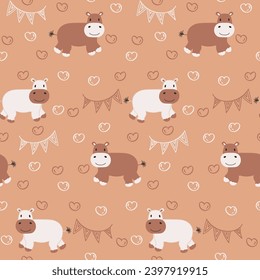 Vector seamless pattern with hippopotamus.Tropical jungle cartoon creatures.Pastel animals background.Cute natural pattern for fabric, childrens clothing,textiles,wrapping paper.