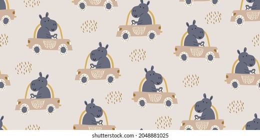 Vector seamless pattern with hippos driving a car with polka dots. Scandinavian style kids pattern, perfect for kids textile, print for boys and girls