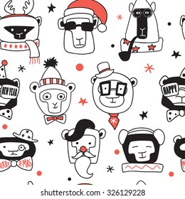 Vector seamless pattern Hipster monkey. Funny monkeys with Christmas elements: hats, caps, beard, pipe, mustache, scarf, antlers, glasses. Perfect for packing, cards, party invitations. Symbol 2016.