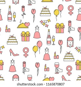 Vector seamless pattern with holiday cake, flowers, gifts, champagne, balloons, high-heeled shoe etc. Thin line art flat style design women day background, wallpaper.