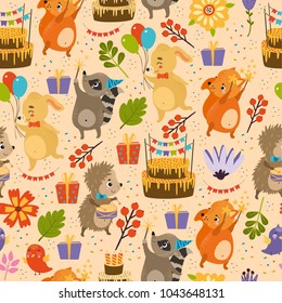 vector seamless pattern with holiday cakes, birds, animals, dog, hedgehog, raccoon, squirrel, fox. birthday, bright colors, spring, summer background. use for wallpaper, deca ration, textiles, fabrics