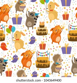 vector seamless pattern with holiday cakes, birds, animals, dog, hedgehog, raccoon, squirrel, fox. birthday, bright colors, spring, summer background. use for wallpaper, deca ration, textiles, fabrics