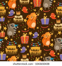 vector seamless pattern with holiday cakes, birds, animals, dog, hedgehog, raccoon, squirrel, fox. birthday, bright colors, spring, summer background. use for wallpaper, deca ration, textiles, fabrics