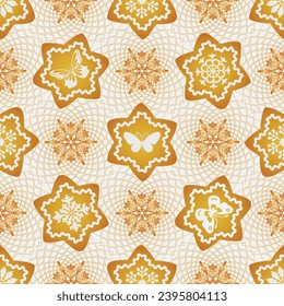 Vector seamless pattern with holiday cookies with snowflakes and butterflies