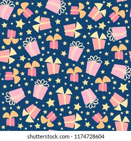 Vector seamless pattern for holiday or gift design. Cute present boxes with ribbon bow and confetti from stars. Festive, cute random colors. Perfect for wrapping paper, background, texture for textile