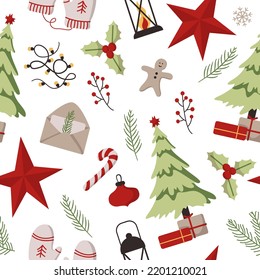 Vector seamless pattern of holiday icons: tree, Christmas ornaments, gingerbread cookies, lights, gift, candy, mittens. Illustration for Christmas time. Collection. Winter concept. Happy New Year