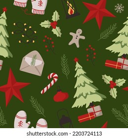 Vector seamless pattern of holiday icons: tree, Christmas ornaments, gingerbread cookies, lights, gift, candy, mittens. Illustration for Christmas time. Collection. Winter concept. Happy New Year