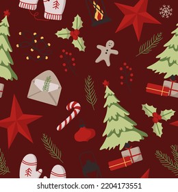 Vector seamless pattern of holiday icons: tree, Christmas ornaments, gingerbread cookies, lights, gift, candy, mittens. Illustration for Christmas time. Collection. Winter concept. Happy New Year