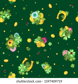 Vector seamless pattern for the holiday St. Patrick's Day consists of clover leaf compositions with holiday attributes