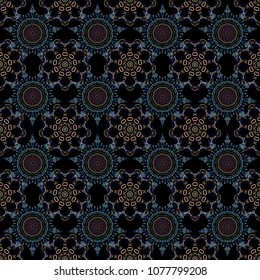 Vector seamless pattern for holiday Thanksgiving day, a simple hand-drawn winter design on black background in beige, brown and blue colors.