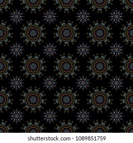 Vector seamless pattern for holiday Thanksgiving day, a simple hand-drawn winter design on black background in brown, blue and yellow colors.