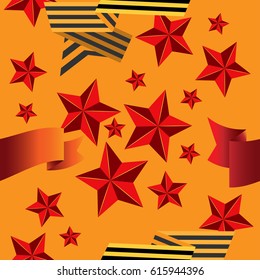 Vector seamless pattern for holiday Victory Day. Red stars and St. George ribbons on an orange background