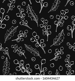 Vector seamless pattern with holly berries and leaves. Can be used for wallpaper, pattern fills, surface textures, fabric prints. Vector illustration. Winter background.