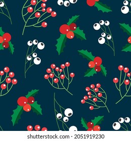 Vector seamless pattern with holly berry, white and red berries on dark background. Greenery seamless texture for wrapping paper, wallpaper, cards design. Holiday pattern