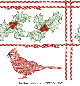 Vector seamless pattern with holly berry, cardinal, red and white twisted cord. Christmas doodle background.