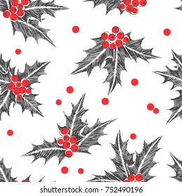 Vector seamless pattern with holly leaves isolated on white. Hand drawn illustration with Christmas symbol. New Year texture