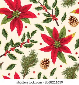 Vector seamless pattern with holly and pine