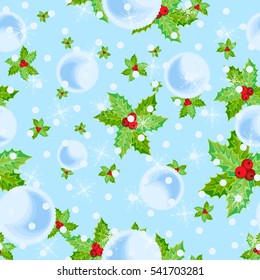 Vector seamless pattern with holly and snow balls