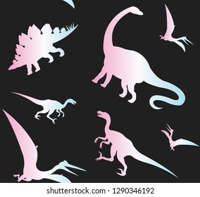 Vector seamless pattern of holographic different dinosaur isolated on black background 