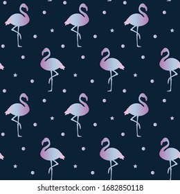 Vector seamless pattern of holographic flamingo on dark background. Design for backpacks, clothes and wrapping paper.