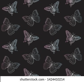 Vector Seamless Pattern Of Holographic Hand Drawn Doodle Sketch Butterfly Butter Fly Isolated On Black Background 