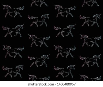 Vector seamless pattern of holographic hand drawn doodle sketch unicorn isolated on black background 