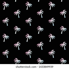 Vector seamless pattern of holographic hand drawn doodle sketch palm tree silhouette isolated on black background 