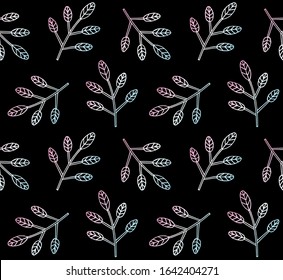 Vector seamless pattern of holographic hand drawn doodle sketch floral branch isolated on black background