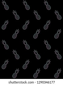 Vector seamless pattern of holographic  line drawn pine apple pineapple isolated on black background 