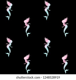Vector seamless pattern of holographic mermaid silhouette isolated on black 