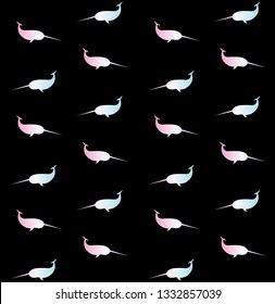 Vector seamless pattern of holographic narwhal silhouette isolated on black background 