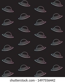 Vector seamless pattern of holographic outline alien ufo isolated on black background