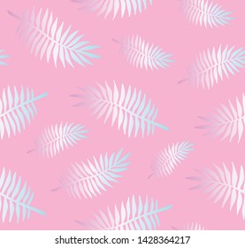 Vector seamless pattern of holographic palm leaves isolated on pink background