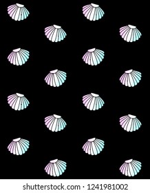 Vector seamless pattern of holographic pastel pink and blue shell icon isolated on black background 