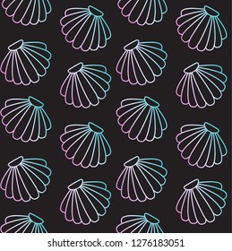 Vector seamless pattern of holographic pastel gradient shell contour drawn isolated on black background 