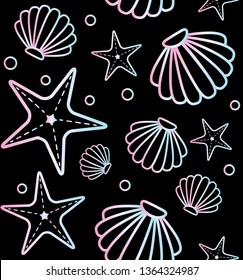 Patrón vectorial sin fisuras de caracol holográfico de línea de doodle dibujado a mano pastel aislado en fondo negro 