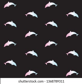 Vector seamless pattern of holographic pastel dolphin silhouette isolated on black background 