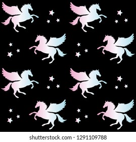 Vector seamless pattern of holographic pegasus horse with wings silhouette isolated on black background 