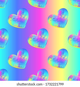 Vector seamless pattern with holographic scratched hearts on the rainbow background. Modern vivid wallpaper.