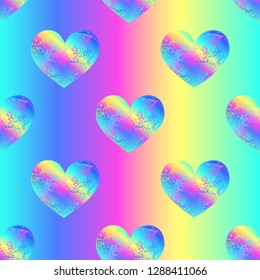 Vector seamless pattern with holographic shabby hearts with colorful streaks on the rainbow background.