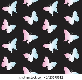 Vector Seamless Pattern Of Holographic Silhouette Of Butterfly Butter Fly Isolated On Black  Background 