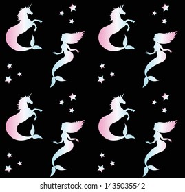 Vector seamless pattern of holographic silhouette of hippocampus and mermaid isolated on black background 