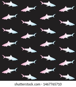 Vector seamless pattern of holographic silhouette of shark isolated on black background 