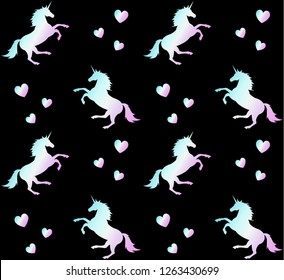 Vector seamless pattern of holographic  unicorn silhouette with hearts isolated on black 