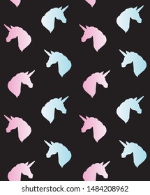 Vector seamless pattern of holographic unicorn head silhouette isolated on black background